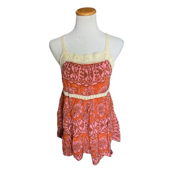 Womens Urban Outfitters UO Floral Rust Printed Lace Trim Romper - Sz L - Picture 4 of 5